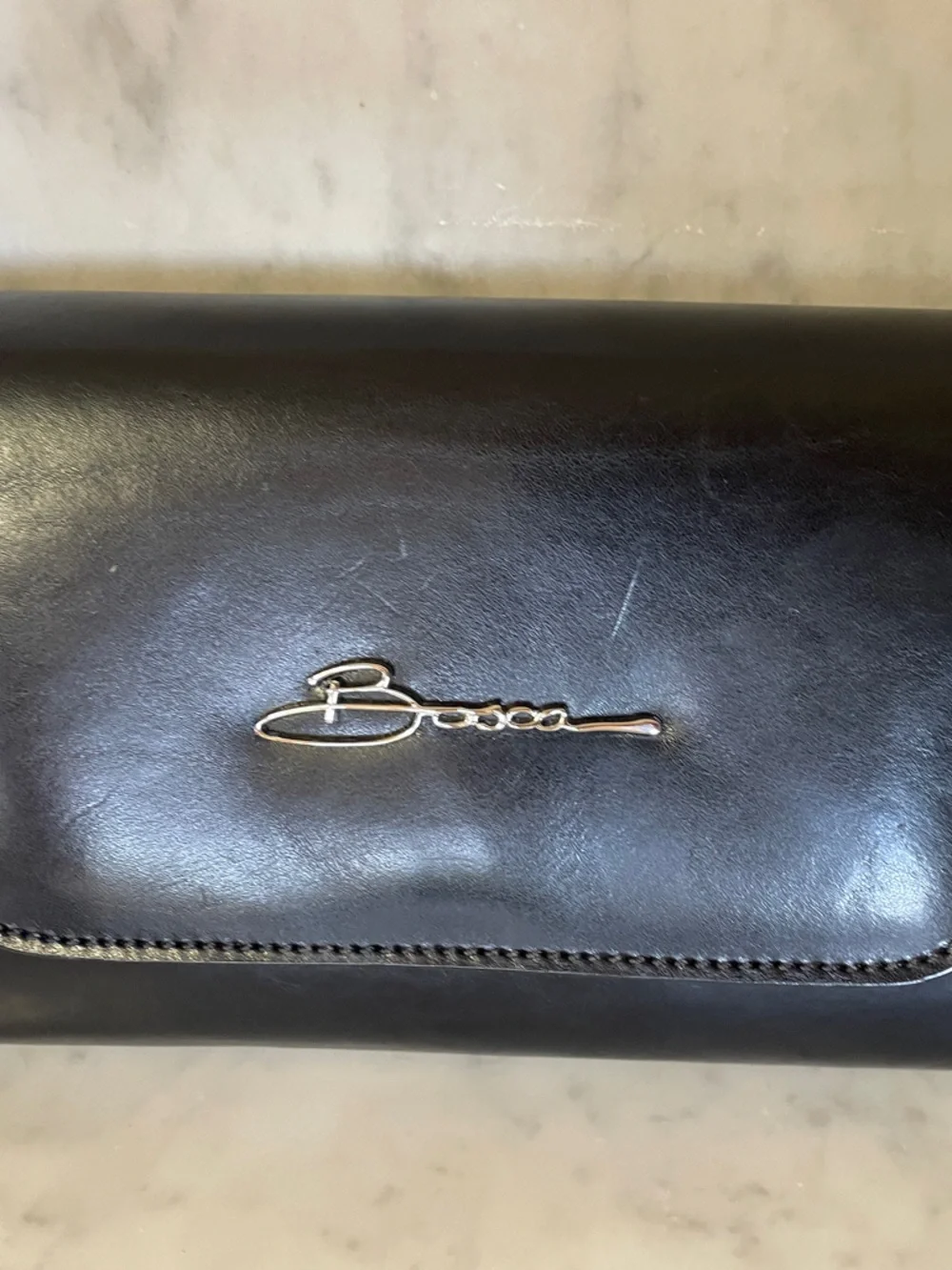 BOSCA Black Leather Italian Clutch with Silver Tone Logo Vintage